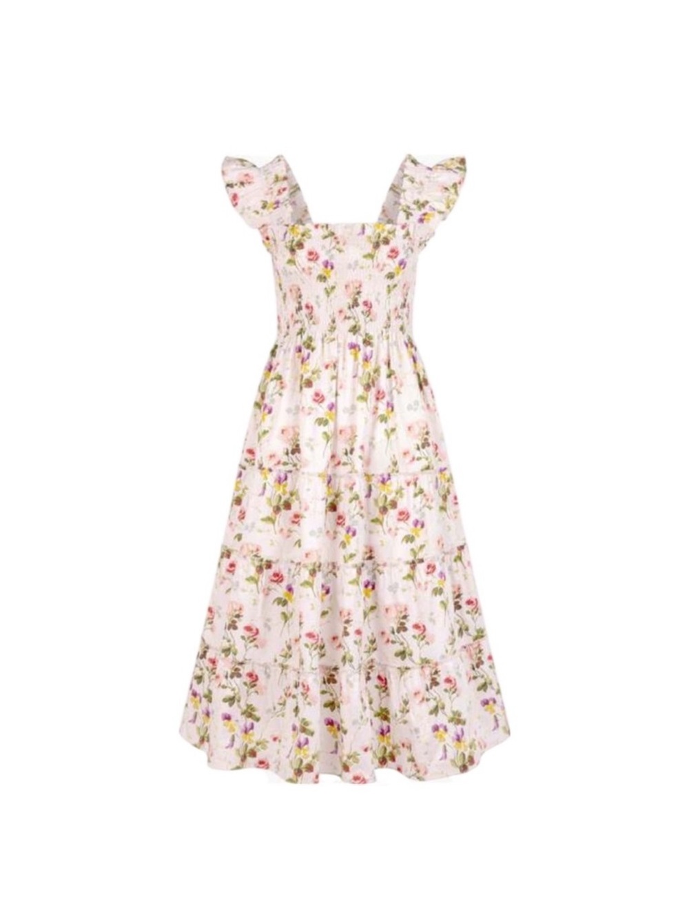 Hill House Floral Ruffle-Shoulder Midi Dress in White and Pink - Picture 1 of 2